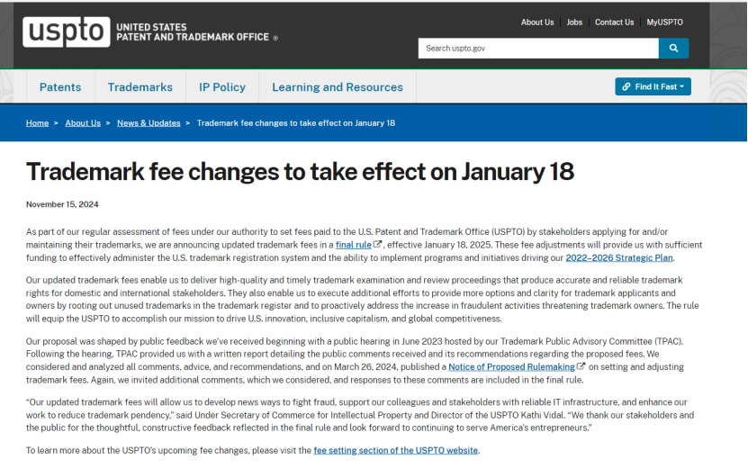 美国商标抓紧注册起来！2025年1月官费将上涨！！